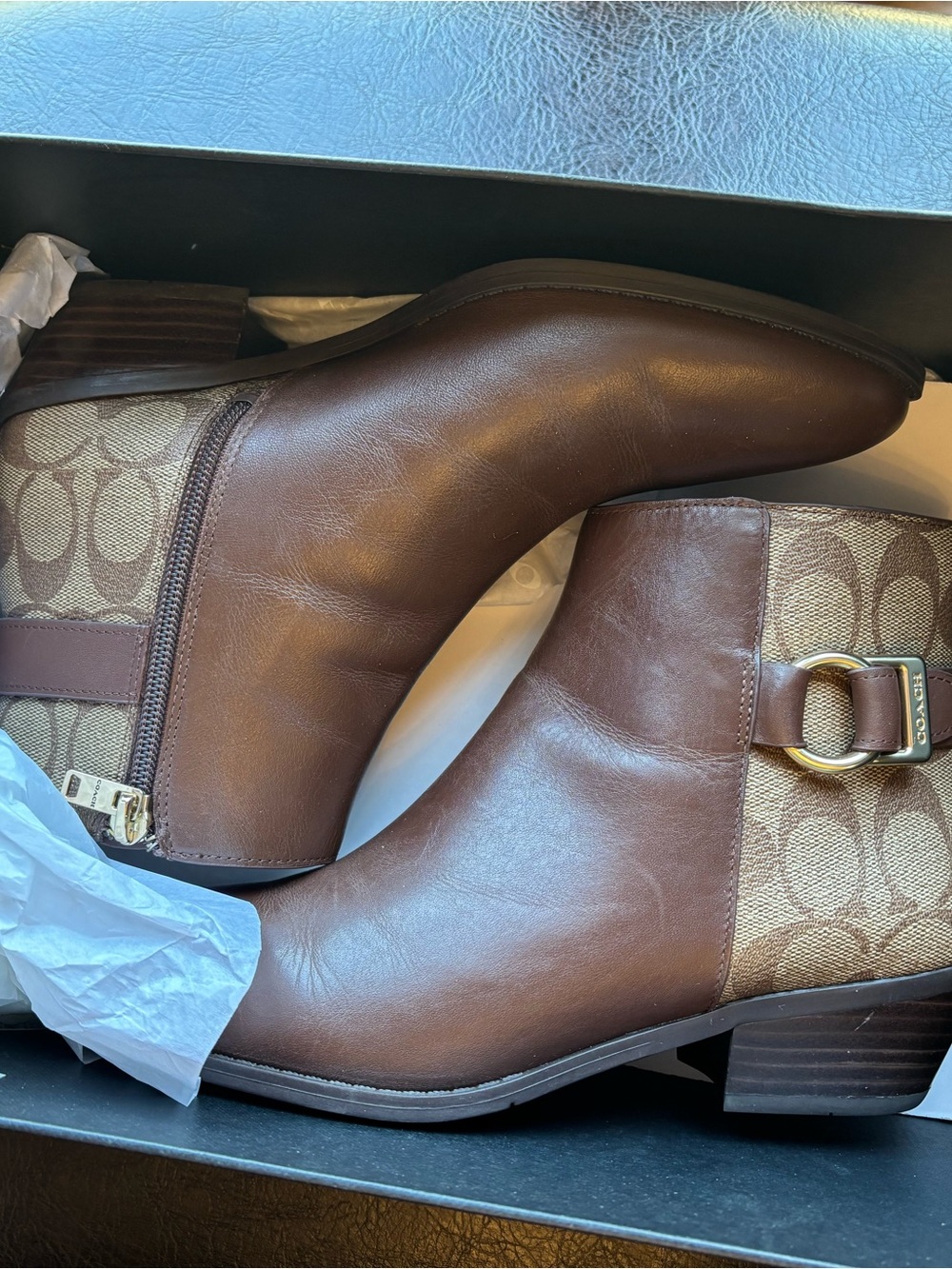 Coach Brown Leather & Signature Canvas Ankle Booties with Gold Hardware